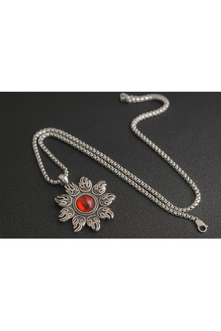 Kırmızı Cam Taşlı Paslanmaz Çelik Alev Desenli Güneş Kolye Kırmızı