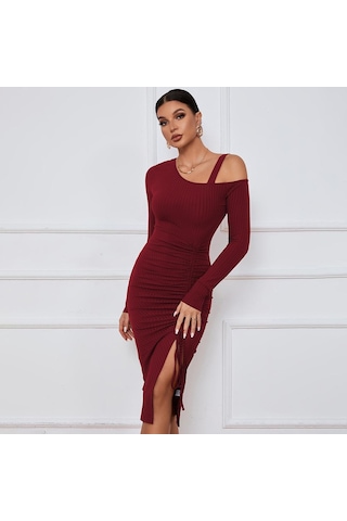 Hnxc Kadın Moda Yaz Bahar Düz Renk Baskı Uzun Kollu Yüksek Bel Günlük Elbiseler Bordo