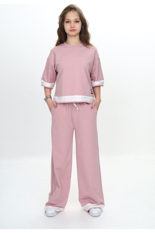 Kız Çocuk %100 Pamuk Kısa Kollu Garnili Truvakar Kol 2 İplik Alt&üst Eşofman Takımı-285-eşt-0011 Pudra