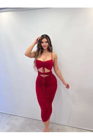 Pink Life Kırmızı Sandy Kumaş Full Likra Kalem Elbise Kırmızı