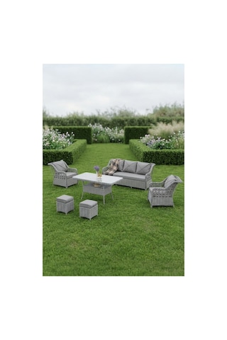Dora Garden Home Ecem 7 Kişilik 3+1+1 2 Adet Puff Hediyeli Rattan Bahçe Takımı Açık Gri Siyah Çizgili