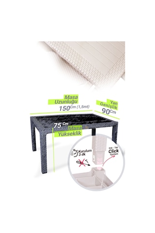 Bambu Pro 90x150cm Rattan Bahçe Balkon Masa Takımı 6 Kişilik Camsız Set Cappuccino