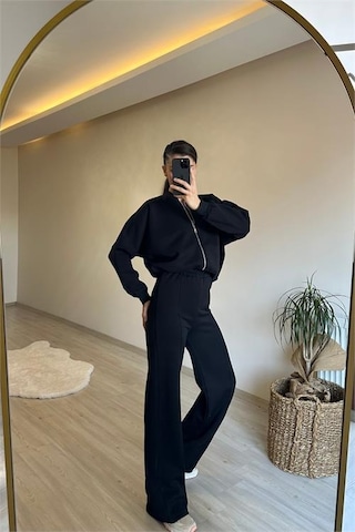 Neşeli Butik Kadın Fermuarlı Oversize Sweat Ve Yüksek Bel Eşofman Takımı Nm018 Siyah