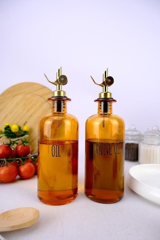 Digithome 2'li Zeytinyağı Ve Sıvıyağ Şişesi Otomatik Kapaklı Etiketli Yağdanlık Amber 500 Ml I/8 C1-1-289