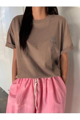 Flood Of Style Kadın Kahverengi Love Love Love Baskılı Oversize T-shirt