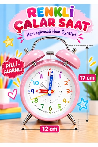 Eğitici Ve Eğlenceli Renkli Çalar Saat Pilli, Metal Gövdeli Çocuk Saati Pembe