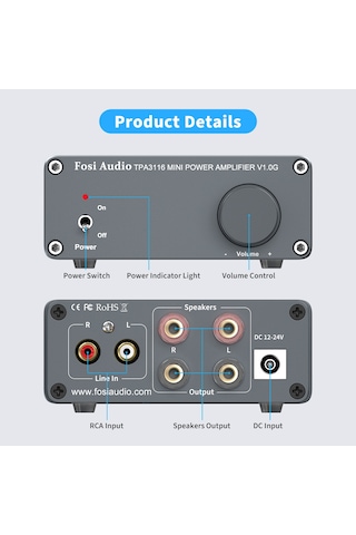 Fosi Audio V1.0G 2 Kanallı Stereo Ses Sınıfı D Amplifikatör Mini Hi-Fi