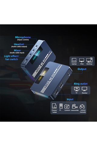 Acasis 4K 60Hz HDR RGB Kayıt Cihazı 4K 60Hz Pass-Through HDR 240Hz ve VRR Desteği, Sessiz Soğutma Fanı (VC007PRO)