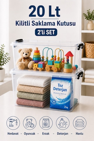 2'li Set 20 Lt Kilitli Saklama Kutusu Çok Amaçlı Düzenleyici Kiler Erzak Hırdavat Oyuncak Organizer
