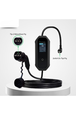Taşınabilir Şarj Cihazı 3.5 Kw / 16a / Türkçe Menü / 8m Kablolu / Tip-2 / Ev Tipi Schuko Fiş / 220v Ac / Taşıma Çantası Hediyeli 3.5 Kw