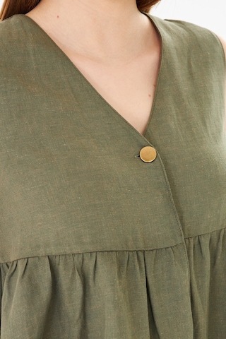 Sortie Collection V Yaka Tek Düğmeli Peplum Haki Keten Bluz