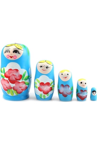 Ahşap Matruşka Bebek Beşli Set Mavi