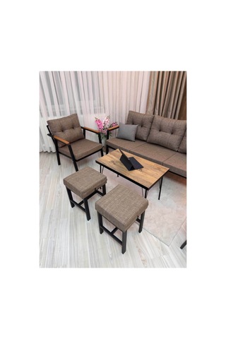Houseart Balkon, Bahçe - Metal Kanepe Koltuk Takımı 3+1+1 + 2 Adet Puf + Sehpa Cappuccino