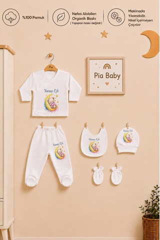 Pia Baby Kişiye Özel Erkek Bebek Zıbın Seti 5'li %100 Pamuk İsimli Organik Baskılı 1109z3x Krem