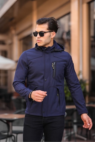 Erkek Mavi Kapüşonlu Softshell Su Ve Rüzgar Geçirmez Içi Kürklü Mont Lacivert