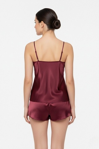 Bordo Dantel Detaylı İp Askılı Saten Şort Pijama Takım