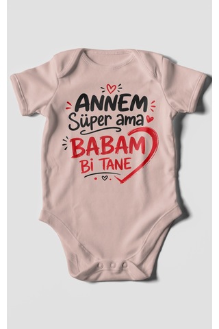 Morivokids Annem Süper Ama Babam Bi Tane Kısa Kollu Bebek Body %100 Pamuk Pastel Pembe