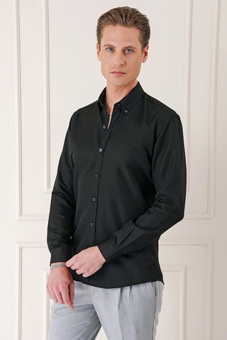 Efor Slim Fit Düğmeli Yaka Dokulu Pamuklu Klasik Siyah Gömlek Gk 717 Siyah