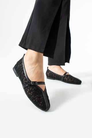 Dabab Shoes Marvena Kadın Siyah Çapraz Bantlı Dantel Detaylı Şeffaf Dokulu Babet