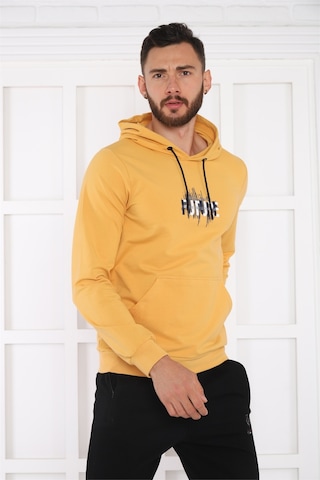 Escetic Spor Erkek Hardal Cepli, Kapüşonlu Sweatshirt-4169 Hardal
