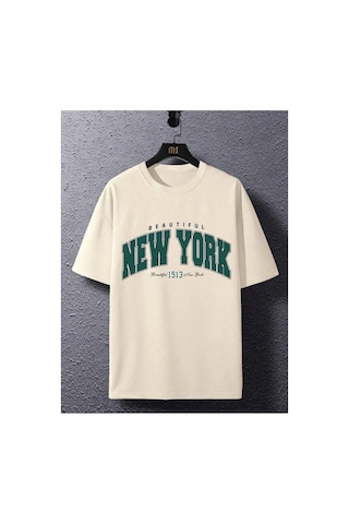 Tarzsokak Göğüs Mega New York Baskılı Oversize Erkek T-shirt Bej