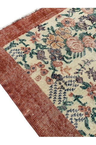 El Dokuma Eskitme Vintage Halı 118x208 Çiçekli Turuncu Retro Halı Turuncu