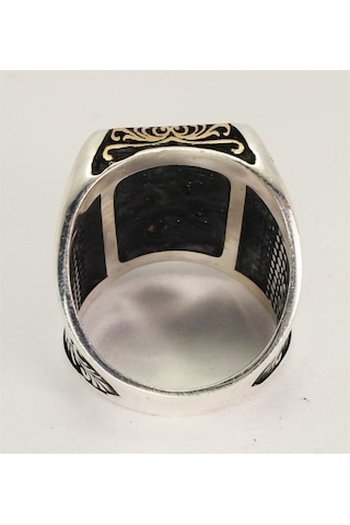 Vog Edep Ya Hu Yazılı Yeşil Mineli 925 Ayar Gümüş Erkek Yüzük