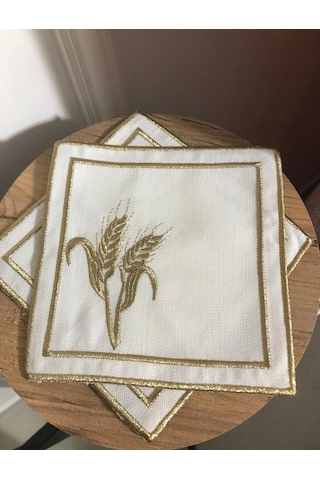 Nivemeshome Başak Nakışlı Gold Kare 6 Adet Keten Kokteyl Peçetesi Kahve Yanı Sunumluk Çok Renkli