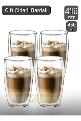 4 Lü Set Büyük Latte Bardağı Cappuccino Bardağı Çift Cidarlı Bardak Americano Bardağı 450 Ml Şeffaf