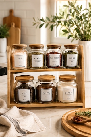 Prime Ekstra - 2 Katlı Saklama Kabı Organizer Bambu Standlı Baharatlık Seti Kaşık Hediyeli Diğer