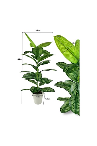 Yapay Çiçek Difenbahya Tropik Sarı Şeritli 80cm 23 Yapraklı Salon Çiçeği Beyaz Saksılı Yapay Bitki