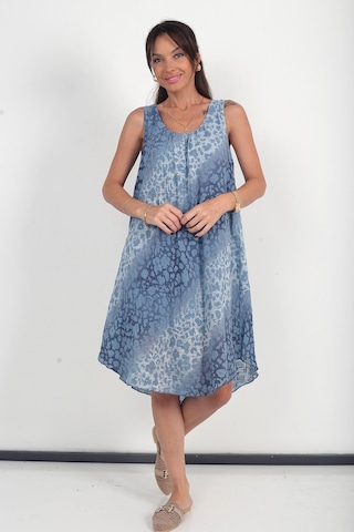 By Saygı Kadın İtalyan Cotton Yaka Lastikli Astarlı Leopar Sıfır Kol Midi Elbise İndigo