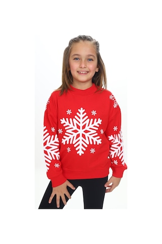 Toontoy Kız Çocuk Relax Fit Bisiklet Yaka Düşük Omuz Baskılı Sweatshirt - 2 İplik Kırmızı
