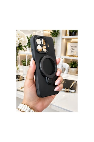 Mi 15 T Pro İle Uyumlu 360 Derece Dönebilen Kalın Metal Magsafe Halka Stantlı İçi Kadife Korumalı Ultra Lüx Premium Silikon Kılıf Siyah