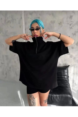 Wear Vexel Kadın Yarım Fermuarlı Tişört Düz Oversize T-shirt - Siyah Siyah