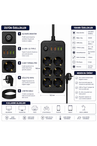 Sh-4630 6 Lı Akım Korumalı Priz 2 Usb + 2 Type-c Çıkışlı 2 Metre Kablolu Anahtarlı Topraklı Çoklu Grup Priz 2 M