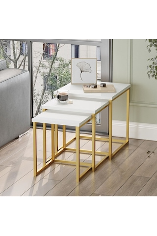Atlantis 3'lü Gold Metal Zigon Sehpa Beyaz Atl7-w Beyaz