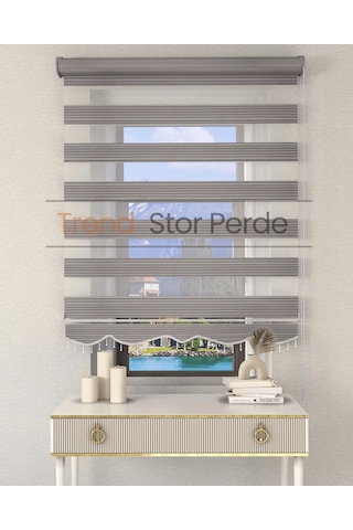 Geniş Plise Gri Boncuklu Zebra Stor Güneşlik Perde Opak Gri