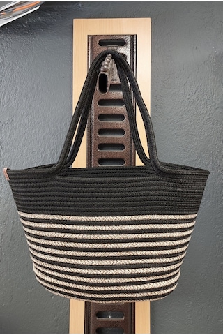 Doğal Hasır Jüt El Örmesi Bayan Çanta-bej Siyah Şerit Bej - Siyah