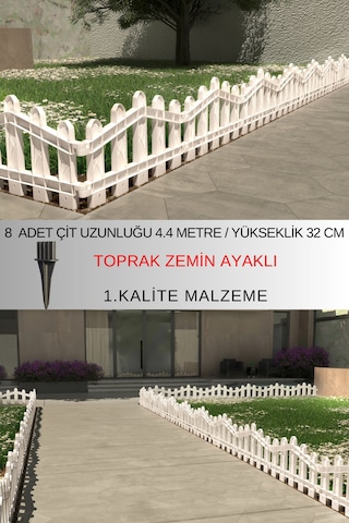 Dekoratif Plastik Bahçe Ve Peyzaj Çiti 8 Adet Çit Y: 32 Cm / G: 4.4 M Toprak Ayaklı - Beyaz