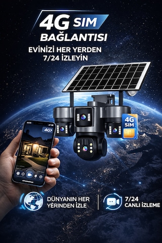 Sim Kartlı Üç Motorize Kameralı Siren Alarmlı Güneş Panelli Gece Görüşlü Güvenlik Kamerası