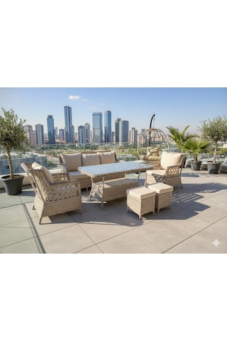 "city View" Lüks Rattan Balkon/teras Takımı Ve Salıncak Seti 7 Kişilik Krem