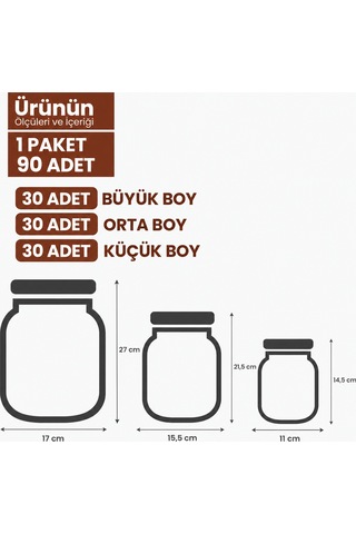Bakır Metal Kapaklı Kavanoz Görünümlü Saklama Poşeti 90 Adet 30 Büyük, 30 Orta, 30 Küçük ŞEFFAF
