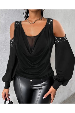 Kadın Yuvarlak Degaje Yaka Omuz Detay Taşlı Uzun Kollu Sandy Bluz Siyah