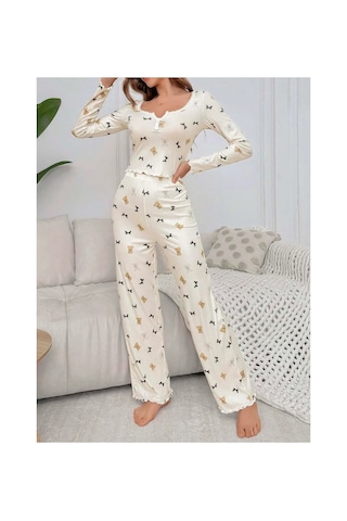 Ruselin Kadın Ekru Ayıcık Ve Fiyonk Desenli Yumuşak Pamuklu Uzun Pijama Takımı-beyaz-l/xl - 9021852062917