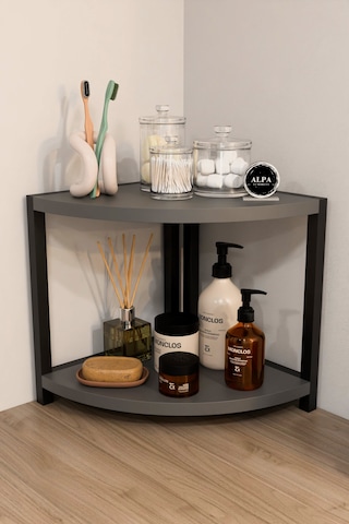 İki Raflı Banyo Köşe Oval Düzenleyici Organizer Raf Metal Gövdeli Çok Amaçlı Banyo Standı Antrasit