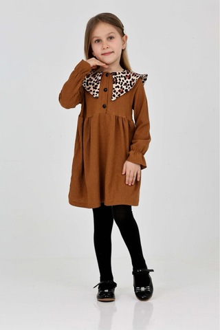 Kız Çocuk Yaka Desenli Bürümcük Elbise 12190 Kahverengi