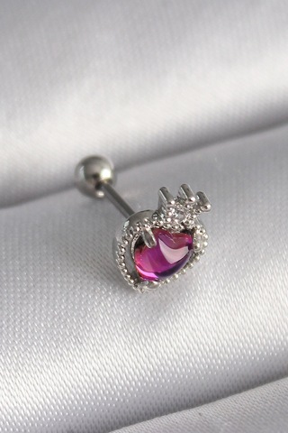 316l Çelik Gümüş Renk Pembe Mineli Kalp Zirkon Taş Detaylı Taç Tragus Piercing 5886 Çok Renkli