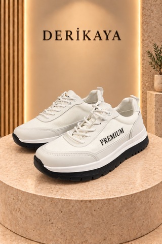 Deri Kaya Erkek Premium Kalın Taban Bağcıklı Günlük Sneaker Spor Ayakkabı Beyaz