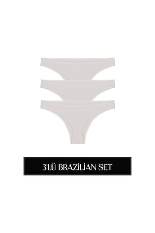 Cotvie Ekru Pamuklu Brazillian 3'lü Set Külot Ekru